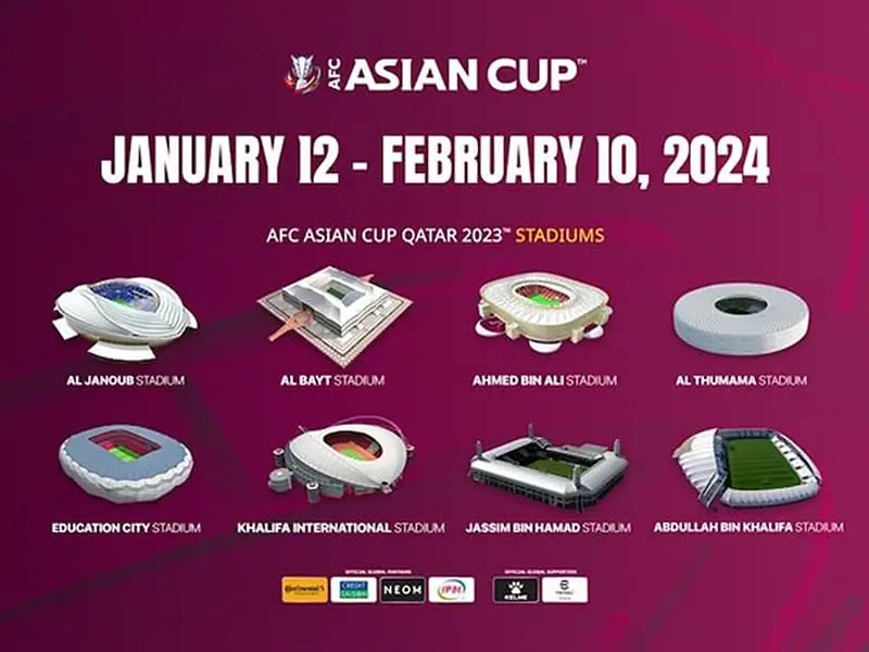 Promotional graphic showcasing the different stadiums for the AFC Asian Cup 2024 in Qatar, with each stadium depicted in a unique, stylized design against a deep purple background.