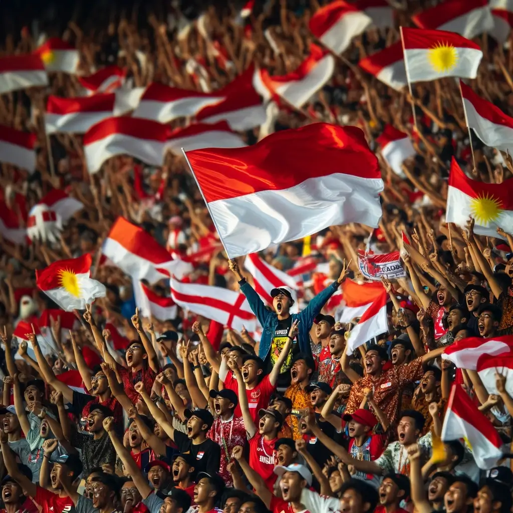 Indonesian fans at Indonesia vs Libya match, cheering in the stadium, waving flags and banners, showing team enthusiasm.