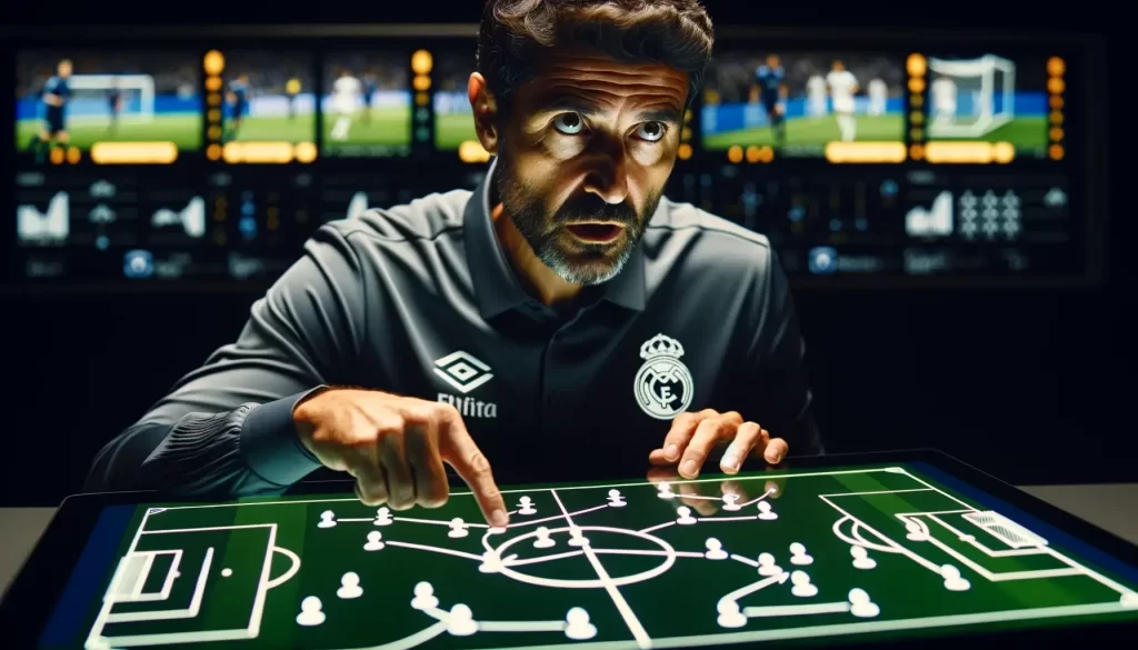 A soccer coach, possibly from the Arandina or Real Madrid team, intensely explaining strategies using a digital tactical board, with detailed play diagrams visible.