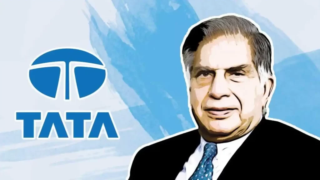 Tata Group's logo against a backdrop of its diverse global operations, symbolizing its vast industrial footprint.