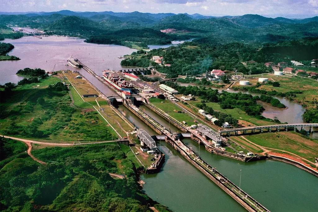 Aerial view of the Panama Canal locks and waterways