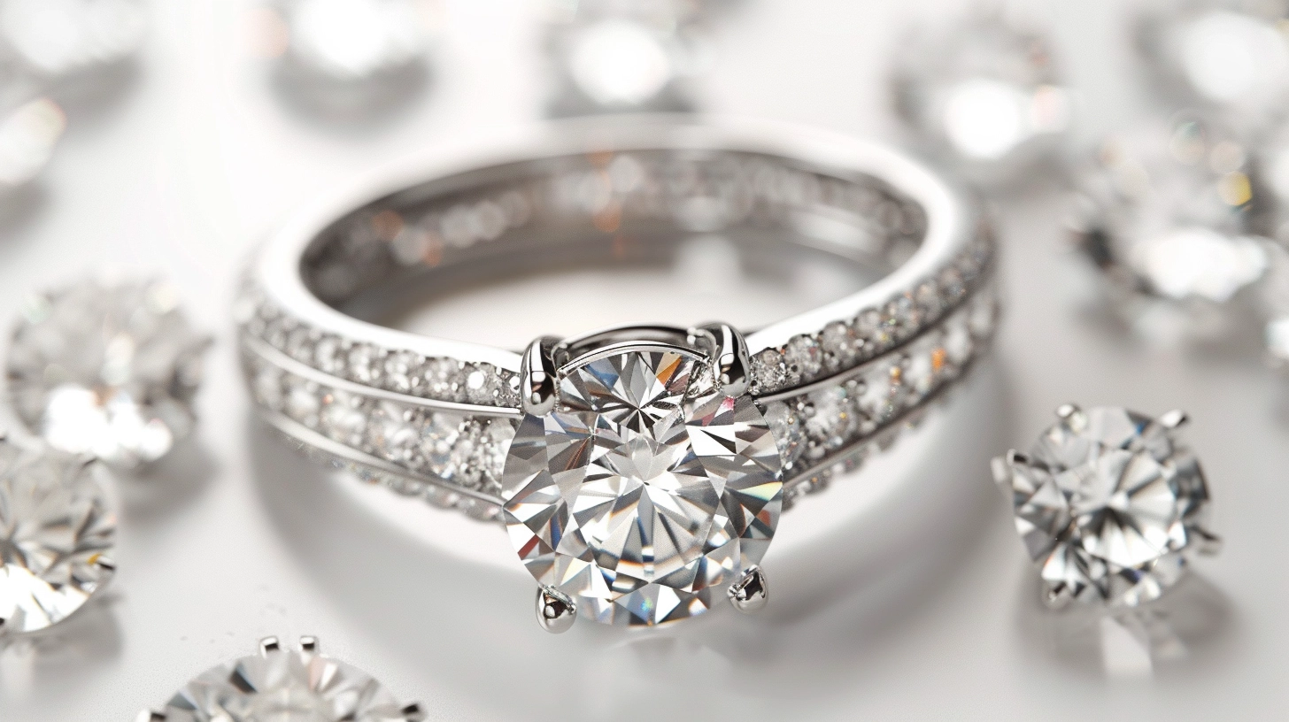 A sparkling diamond ring on a white background, radiating dazzling brilliance and timeless elegance