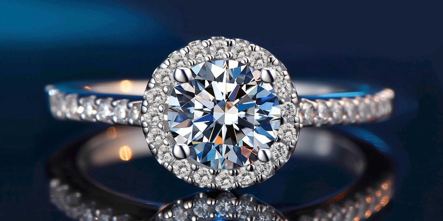 A close-up of a diamond ring adorned with a solitaire diamond, showcasing its exquisite craftsmanship and beauty.