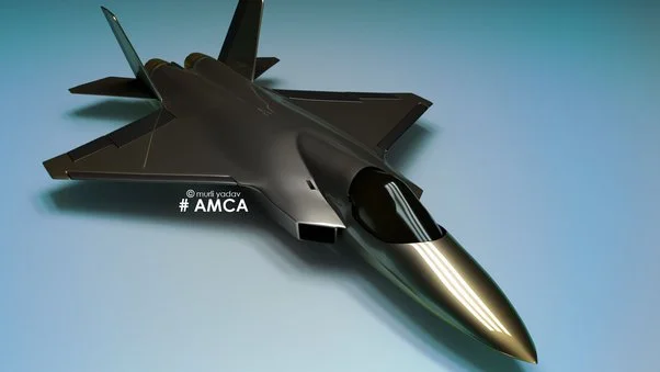 AMCA taking off, symbolizing India's leap into indigenous advanced fighter jet development.
