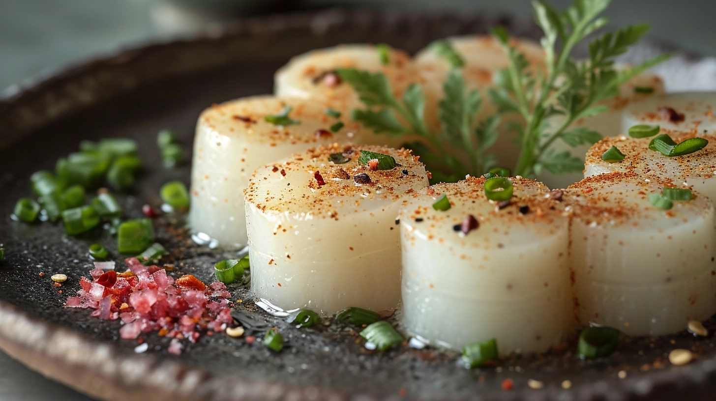 Succulent seared butter scallops served in a skillet with a drizzle of white wine sauce.