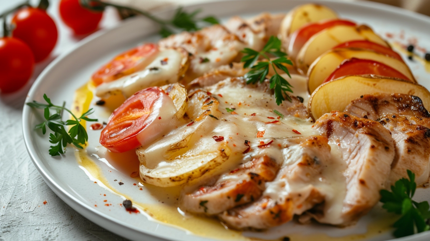 An overhead view of a plate of chicken Parmesan served with spaghetti noodles and marinara sauce, sprinkled with grated Parmesan cheese, on a rustic wooden table.