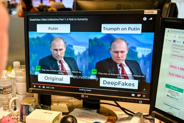 Concerned individual viewing a deepfake video.