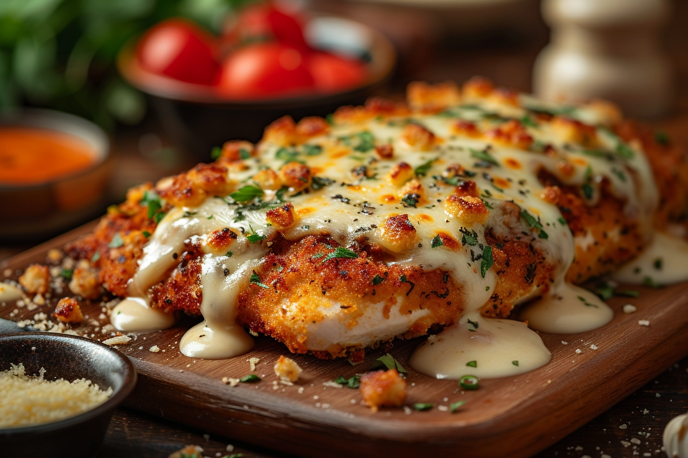 A close-up photo of a golden-brown chicken Parmesan cutlet topped with marinara sauce and melted mozzarella cheese, garnished with fresh basil leaves.