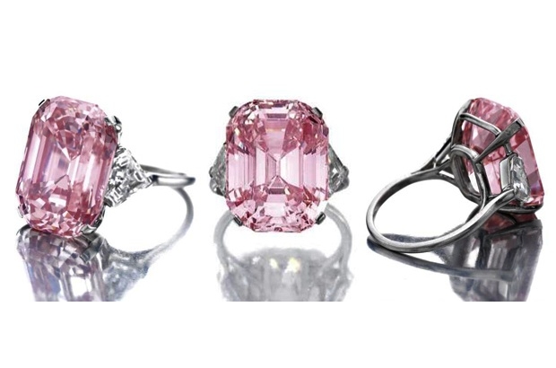The Graff Pink Diamond displayed in a luxurious setting, highlighting its brilliance and clarity.