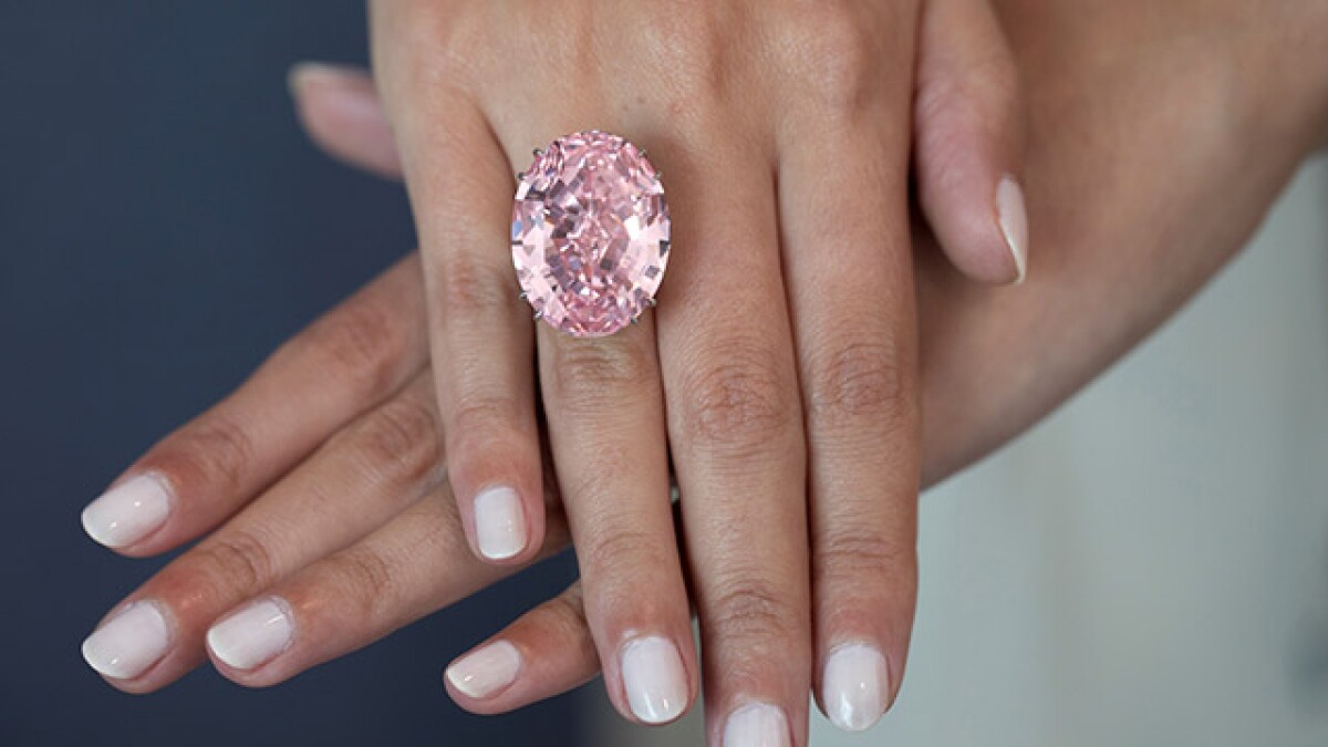 Close-up view of the Graff Pink Diamond showing its exquisite pink hue and intricate cut.