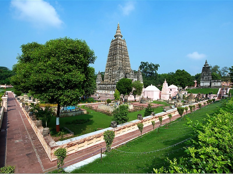 Mahabodhi Temple in Bodh Gaya, Bihar, with its iconic spire and intricate carvings.