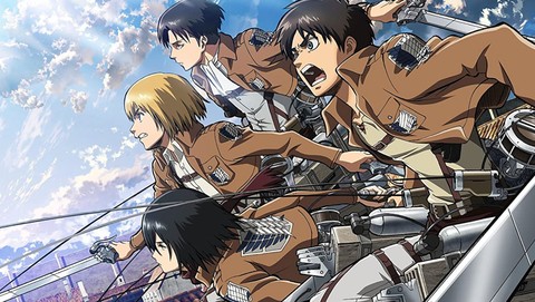 Epic battle scene featuring Eren Yeager and the Scout Regiment in Attack on Titan