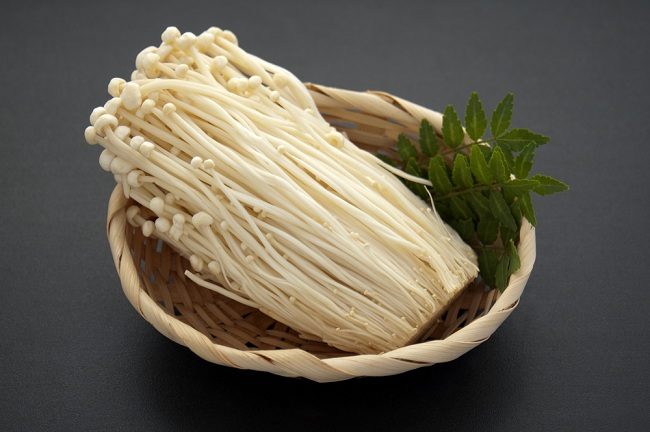 Jamur enoki segar dengan batang panjang dan tudung kecil putih, siap untuk dimasak menjadi hidangan lezat
