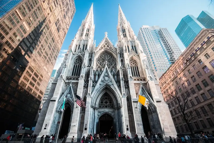 The detailed stone carvings and gargoyles adorning the exterior of St. Patrick's Cathedral. 