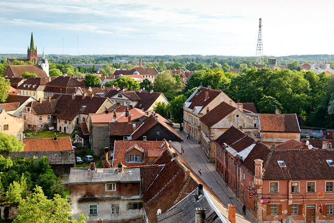 Cobblestone streets with picturesque wooden houses in Kuldīga 