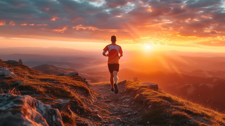 A runner enjoying the health benefits of running on a scenic trail at sunrise